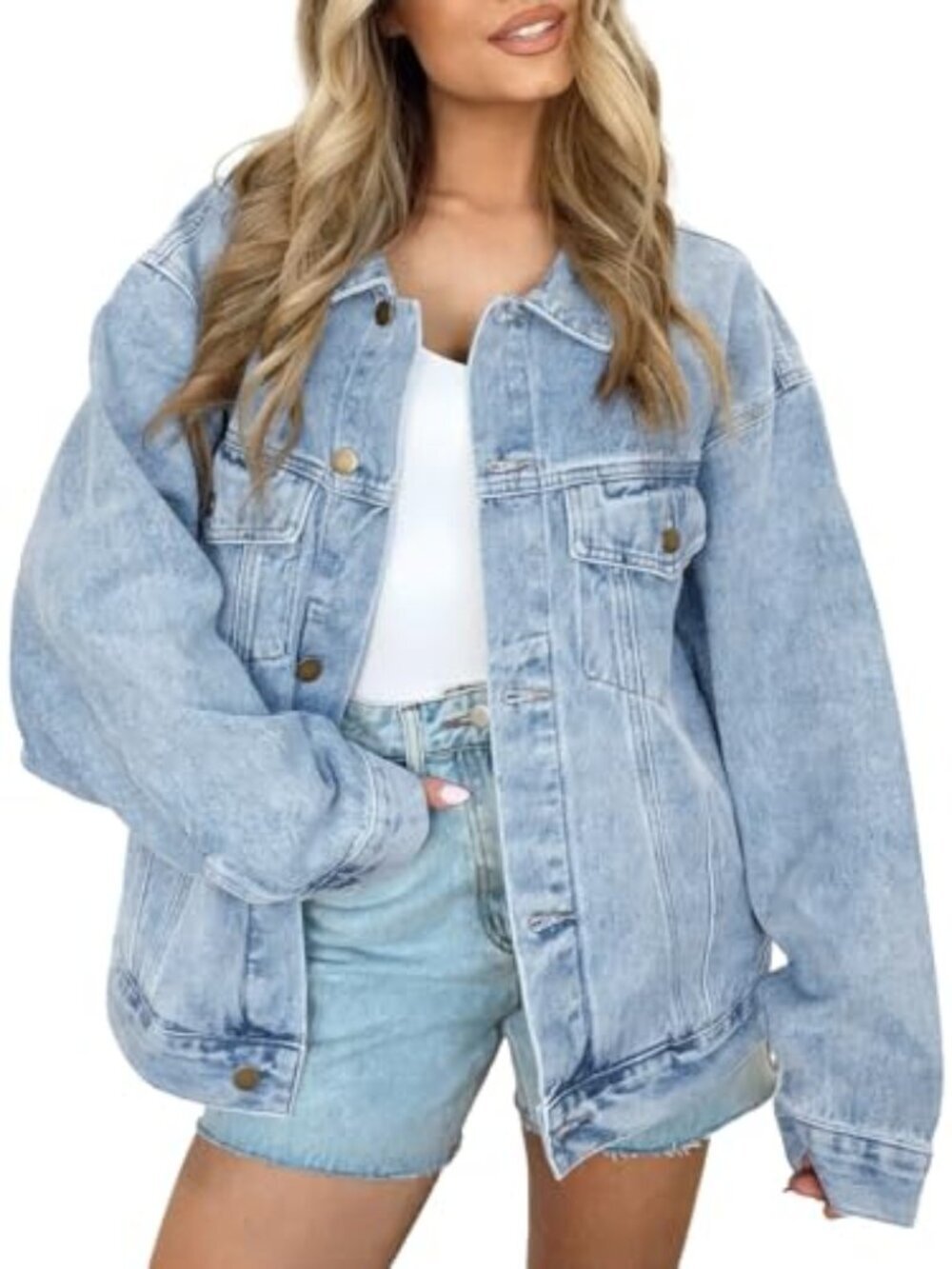 🆕 Womens Jean Jacket Denim Long Sleeve Oversized Button Down Shirts Trendy